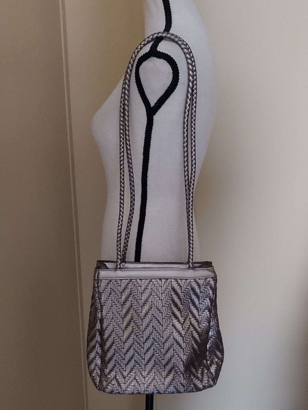 Vintage Chevron Woven Faux Metallic Leather Shoulder Bag
